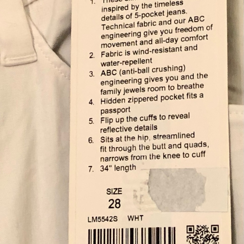 NWT lululemon ABC Slim-Fit Pant 34"L ,size 28
